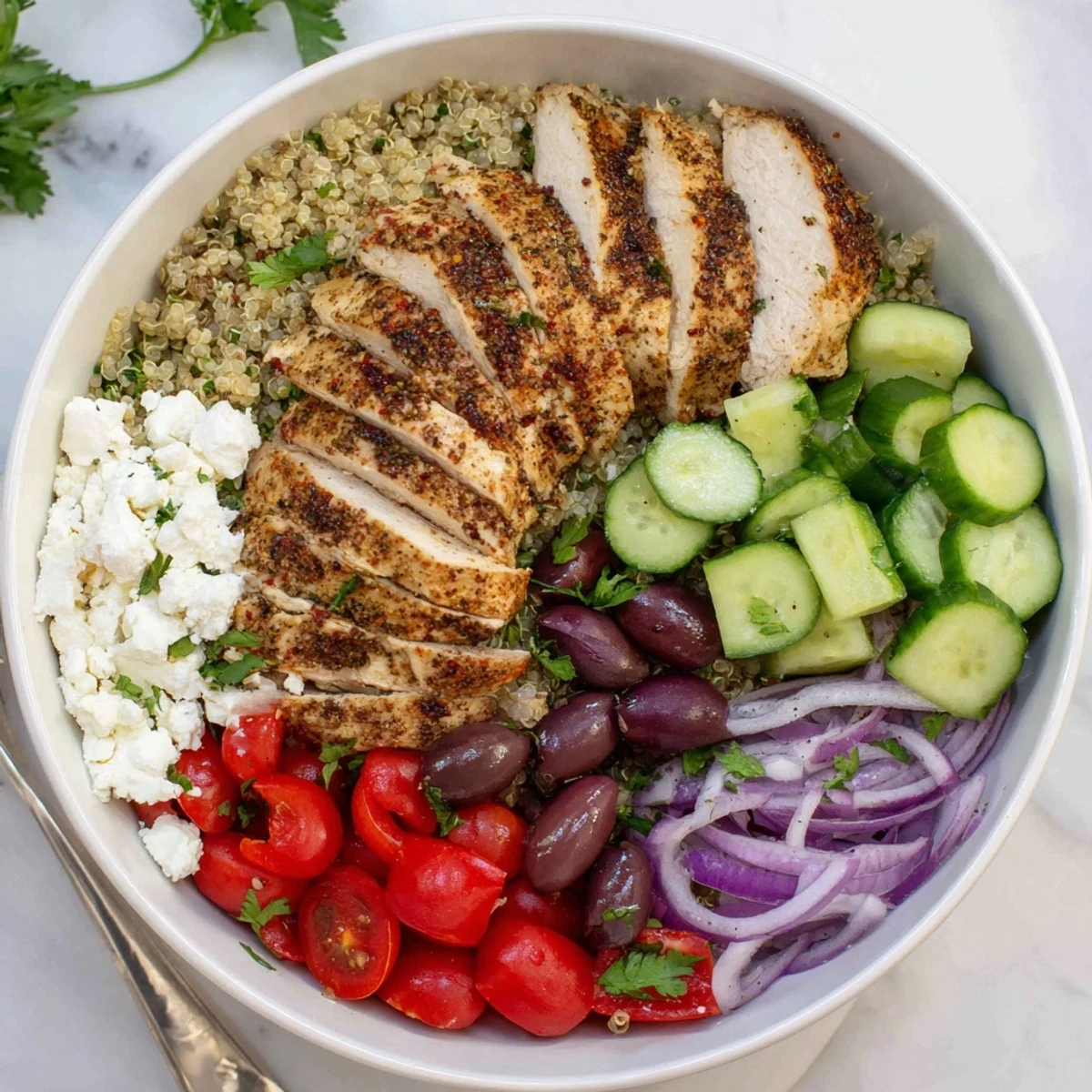 Fluffy quinoa layered with juicy sliced chicken and vibrant Mediterranean vegetables in bowl