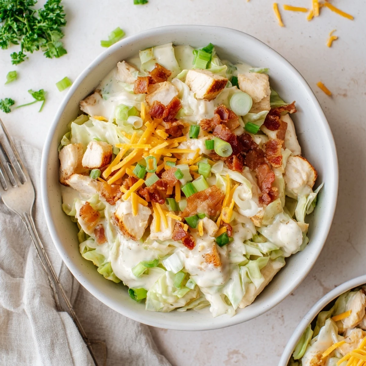 Creamy chicken bacon ranch cabbage bowls topped with melted cheddar and fresh green onions