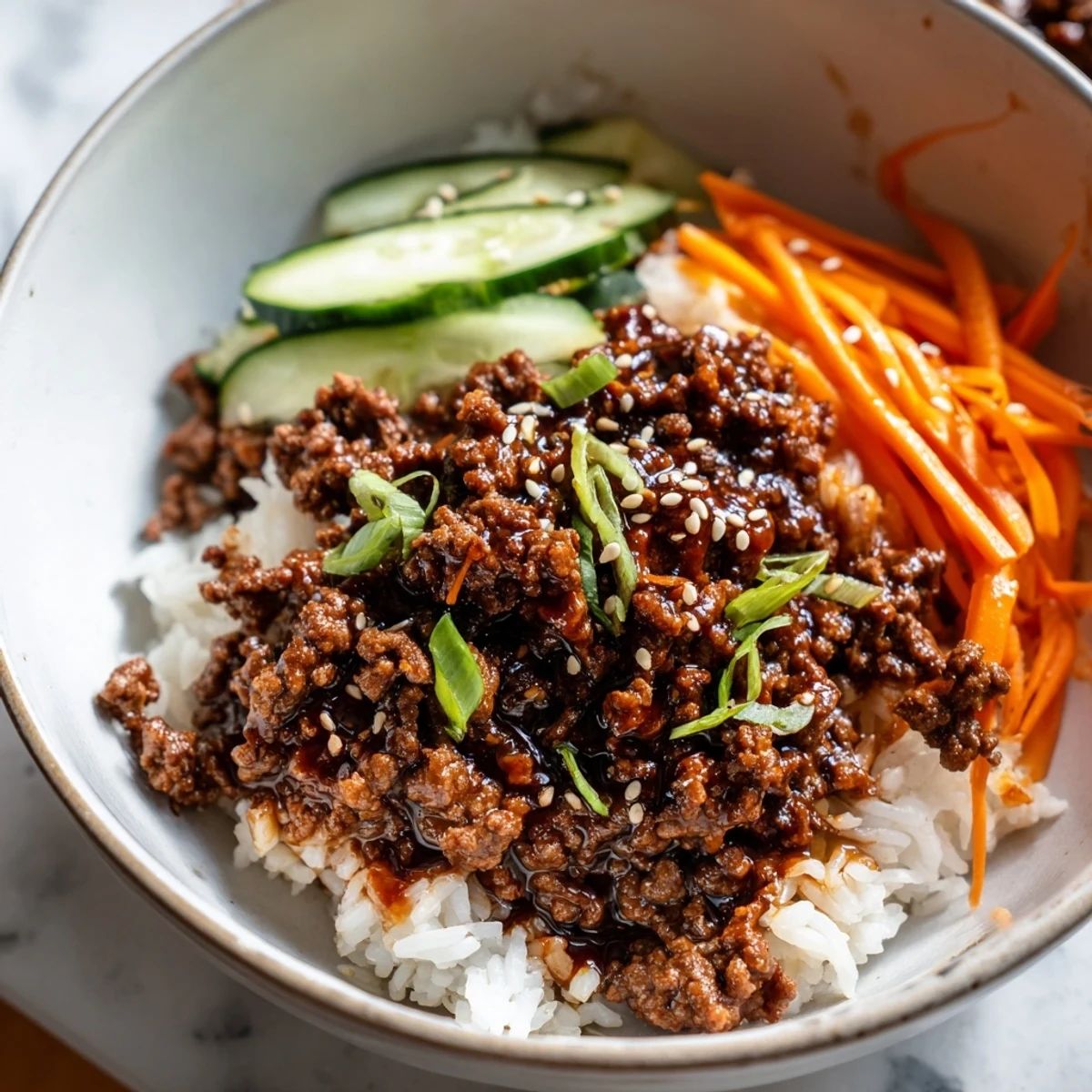 Korean beef bowls with caramelized ground beef, crisp vegetables, and steamed fluffy white rice