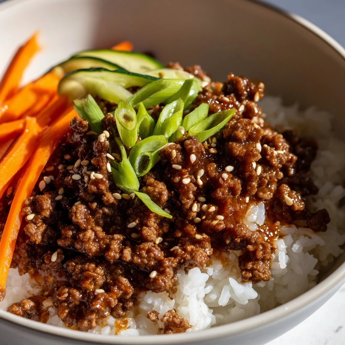 Savory Korean beef bowls topped with fresh cucumber, carrots, and toasted sesame seeds