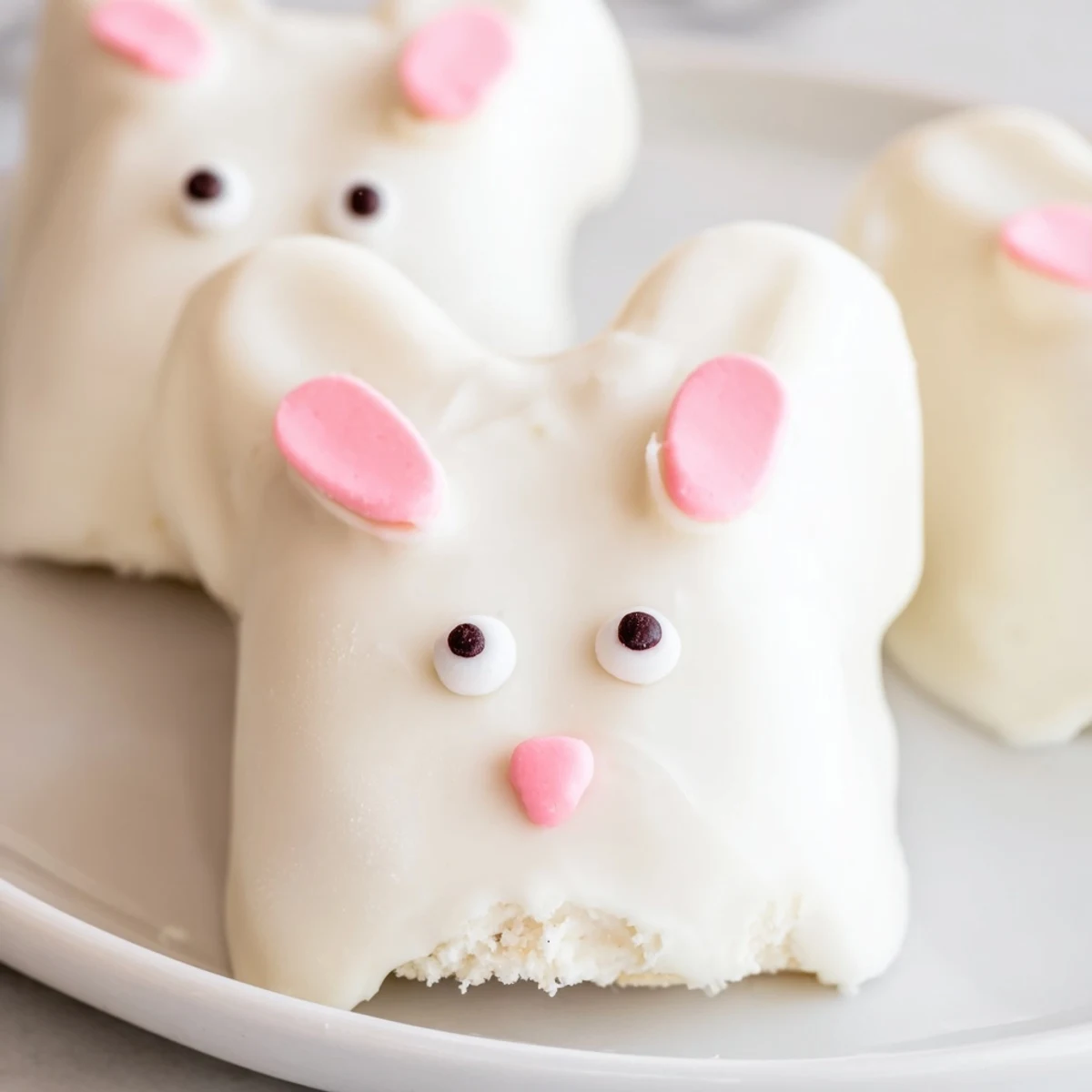 Adorable white chocolate bunny cakesicles decorated with candy eyes on a rustic serving board