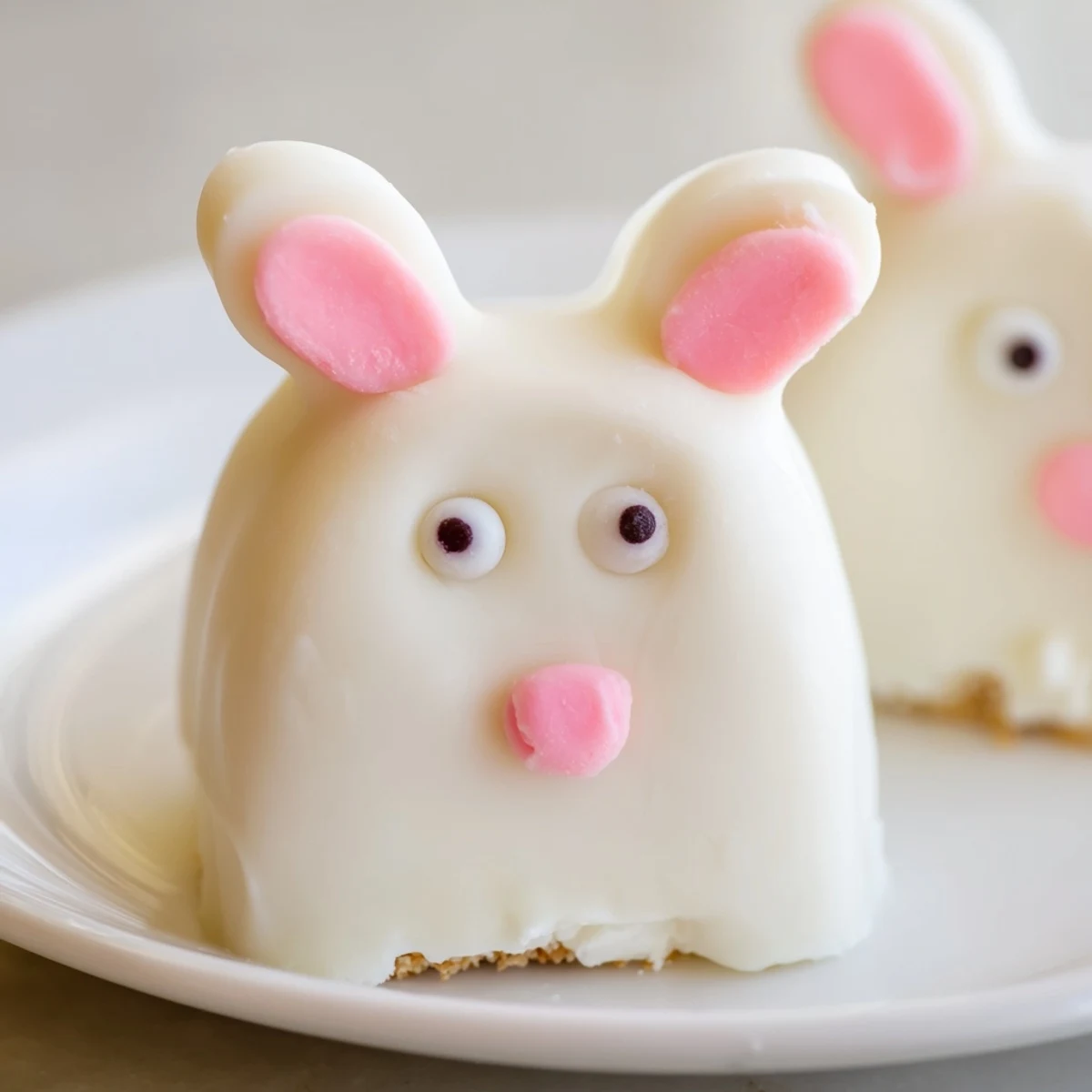 Creamy white chocolate bunny cakesicles with pink fondant ears arranged for Easter dessert display