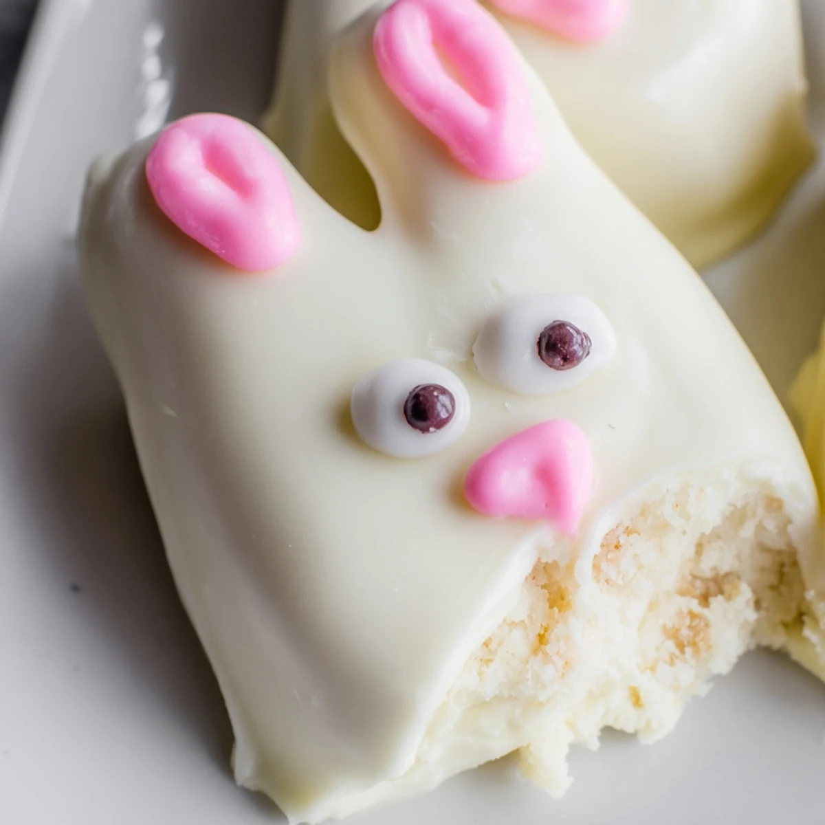 Homemade white chocolate bunny cakesicles featuring sweet sprinkle faces on a festive holiday platter