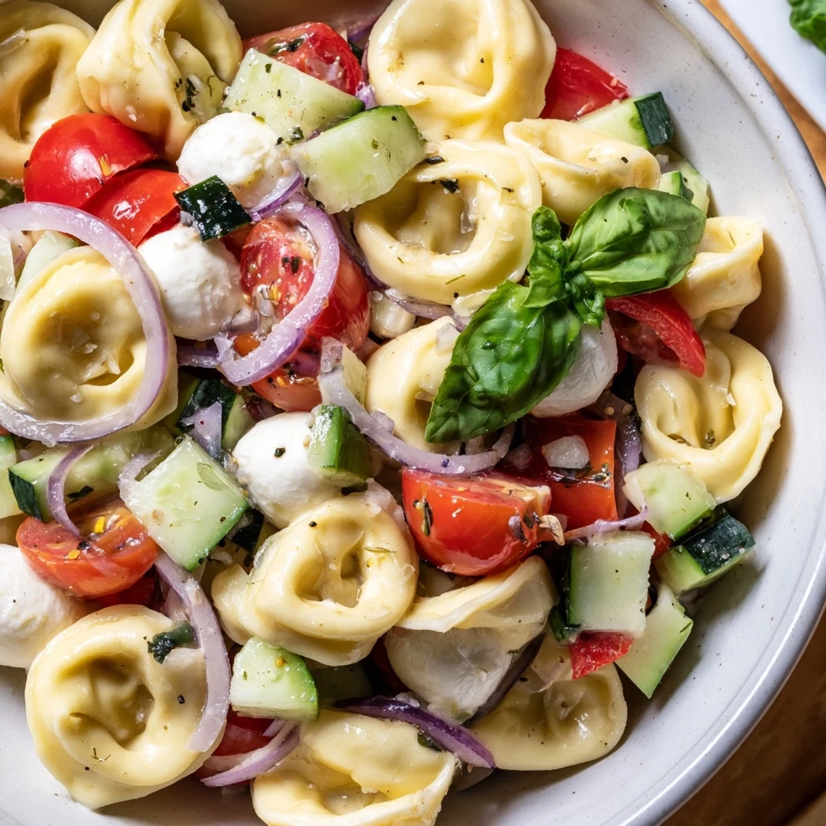 Colorful tortellini salad with cherry tomatoes, cucumber, and mozzarella in zesty Italian dressing