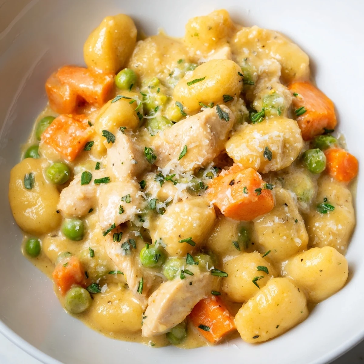 Creamy one pot gnocchi chicken pot pie with tender vegetables in golden savory sauce