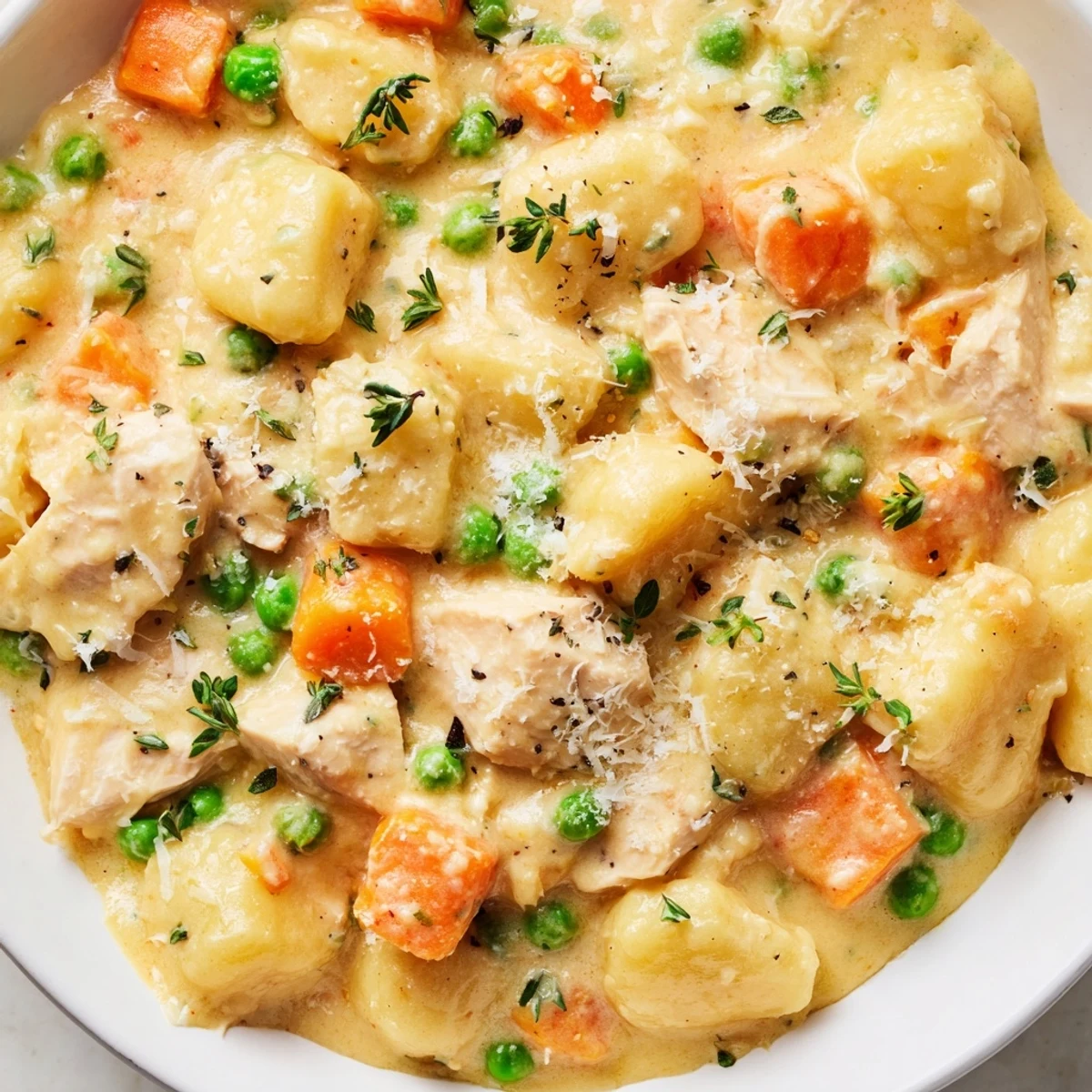 One pot gnocchi chicken pot pie featuring pillowy dumplings and shredded chicken in rich gravy