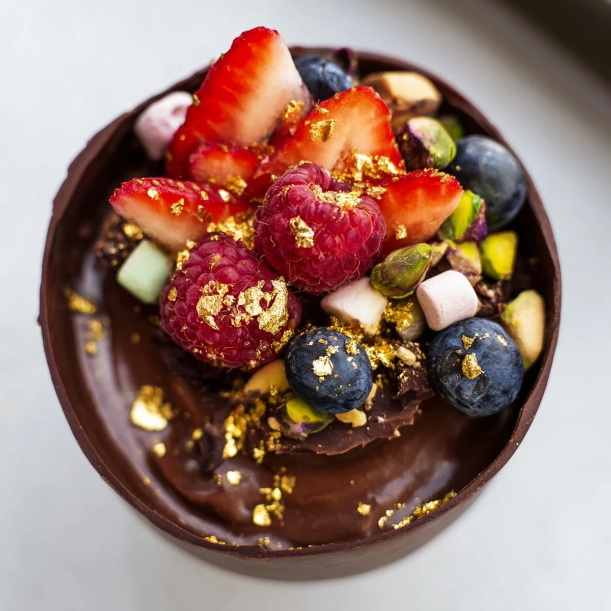 Chocolate grazing cups filled with silky mousse and topped with fresh berries and nuts