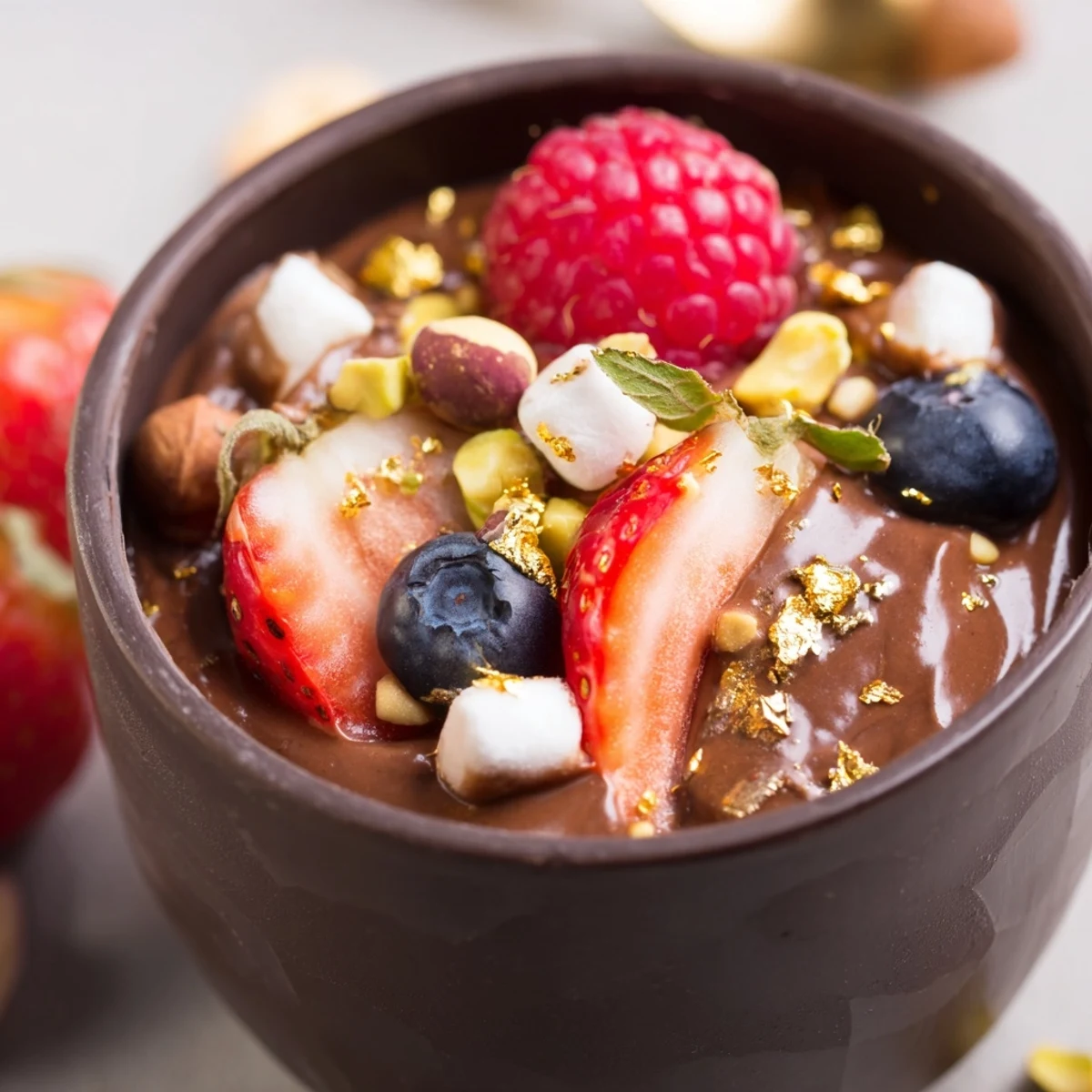 Elegant chocolate grazing cups with fluffy mousse, vibrant berries, and crunchy gold-flecked toppings