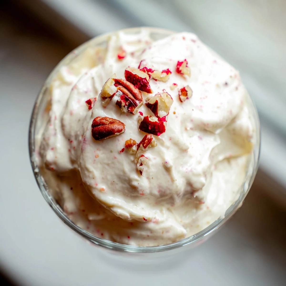 Creamy keto cheesecake fluff topped with fresh berries in a small glass serving bowl