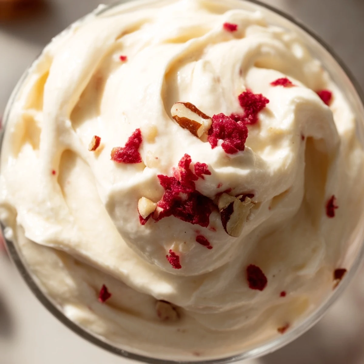 Light and airy keto cheesecake fluff swirled with berries in a decorative dessert cup