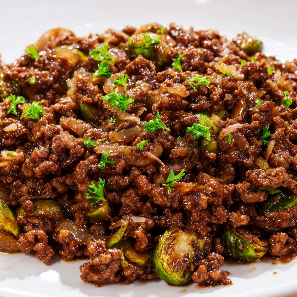Golden ground beef and Brussels sprouts skillet sizzling with caramelized edges and savory seasonings