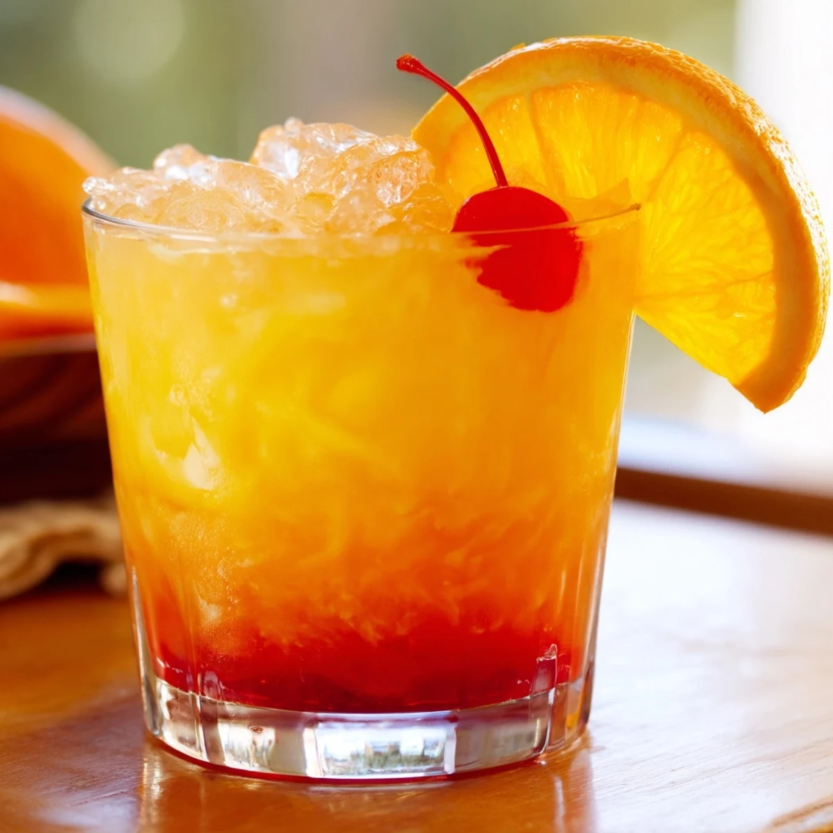 Non Alcoholic Mai Tai in a rocks glass with grenadine layers and fresh citrus garnish