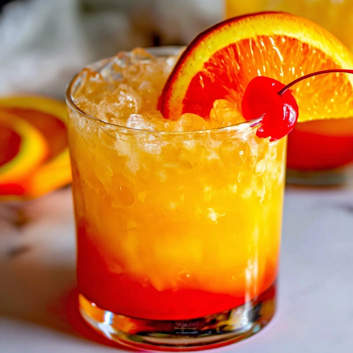 Tropical Non Alcoholic Mai Tai topped with cherry, orange slice, and crushed ice