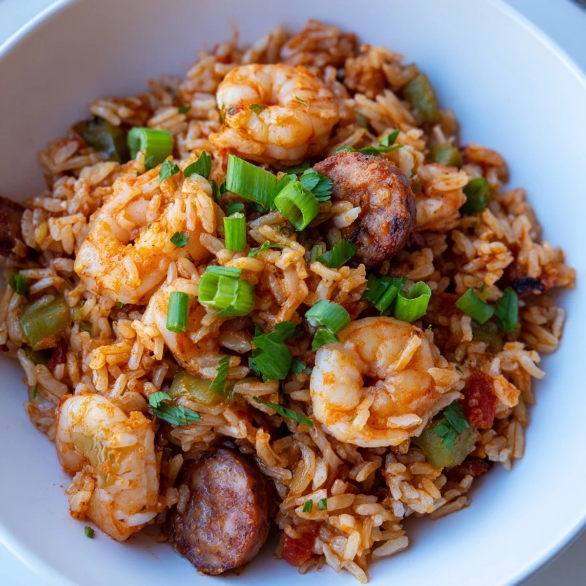 Shrimp and Sausage Dirty Rice served in a cast iron skillet with fresh parsley garnish
