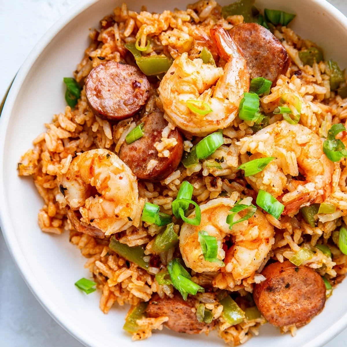 Golden Shrimp and Sausage Dirty Rice with tender vegetables and Creole spices in bowl