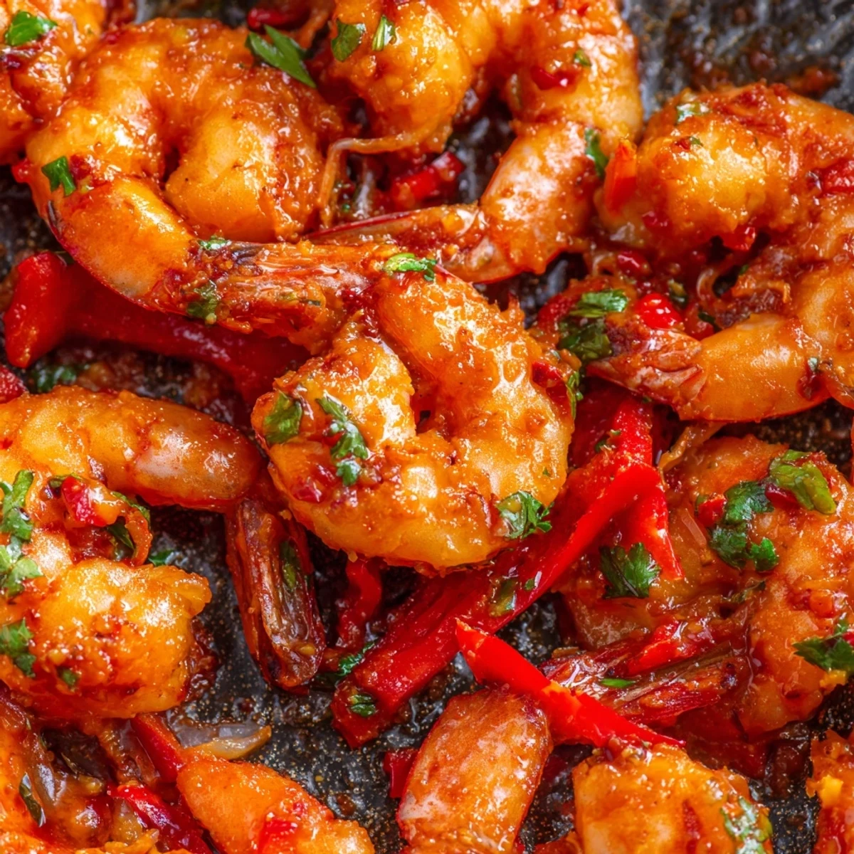 Golden garlic paprika shrimp skillet glistening with olive oil and fresh parsley garnish