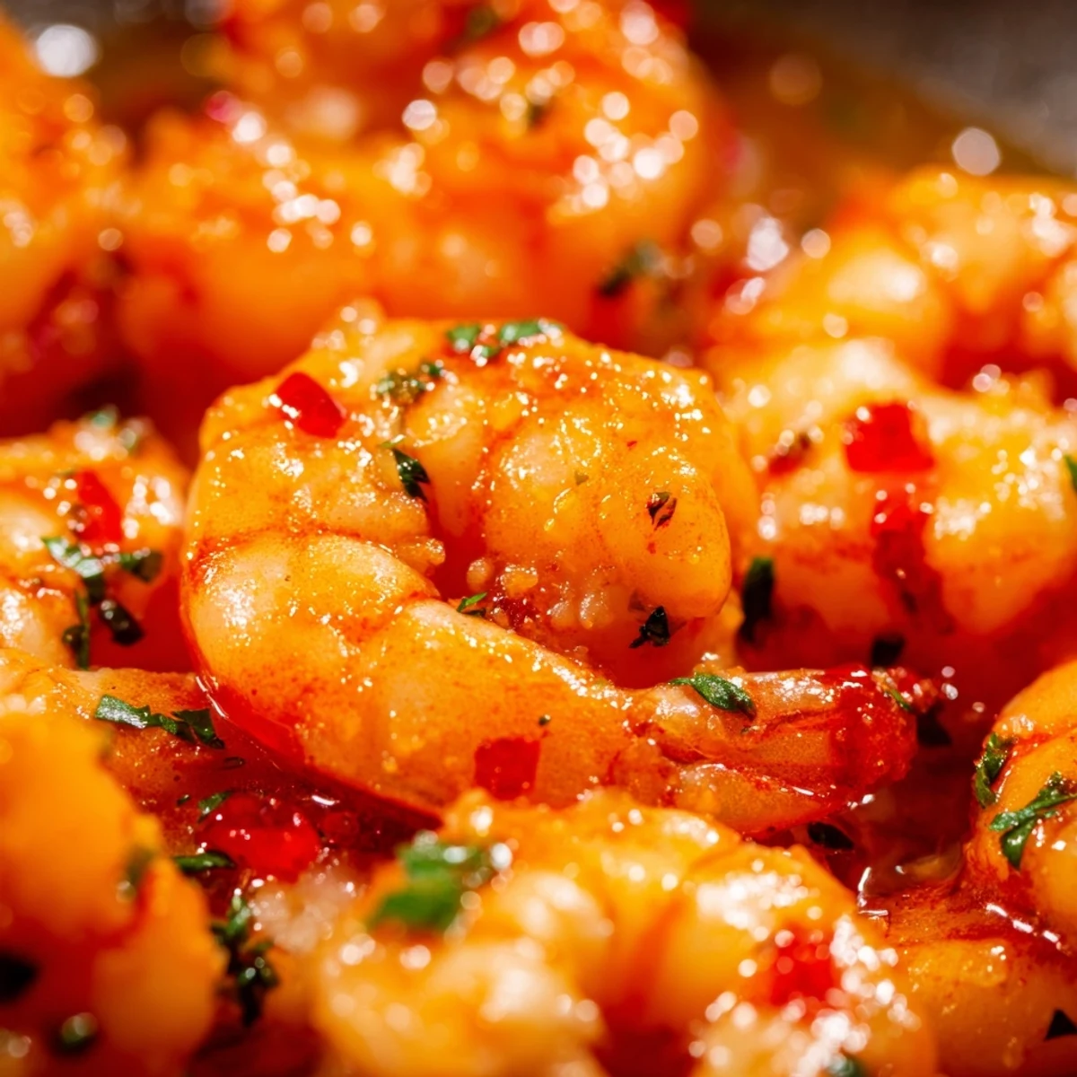 Sizzling garlic paprika shrimp skillet with pink curled shrimp and diced red peppers