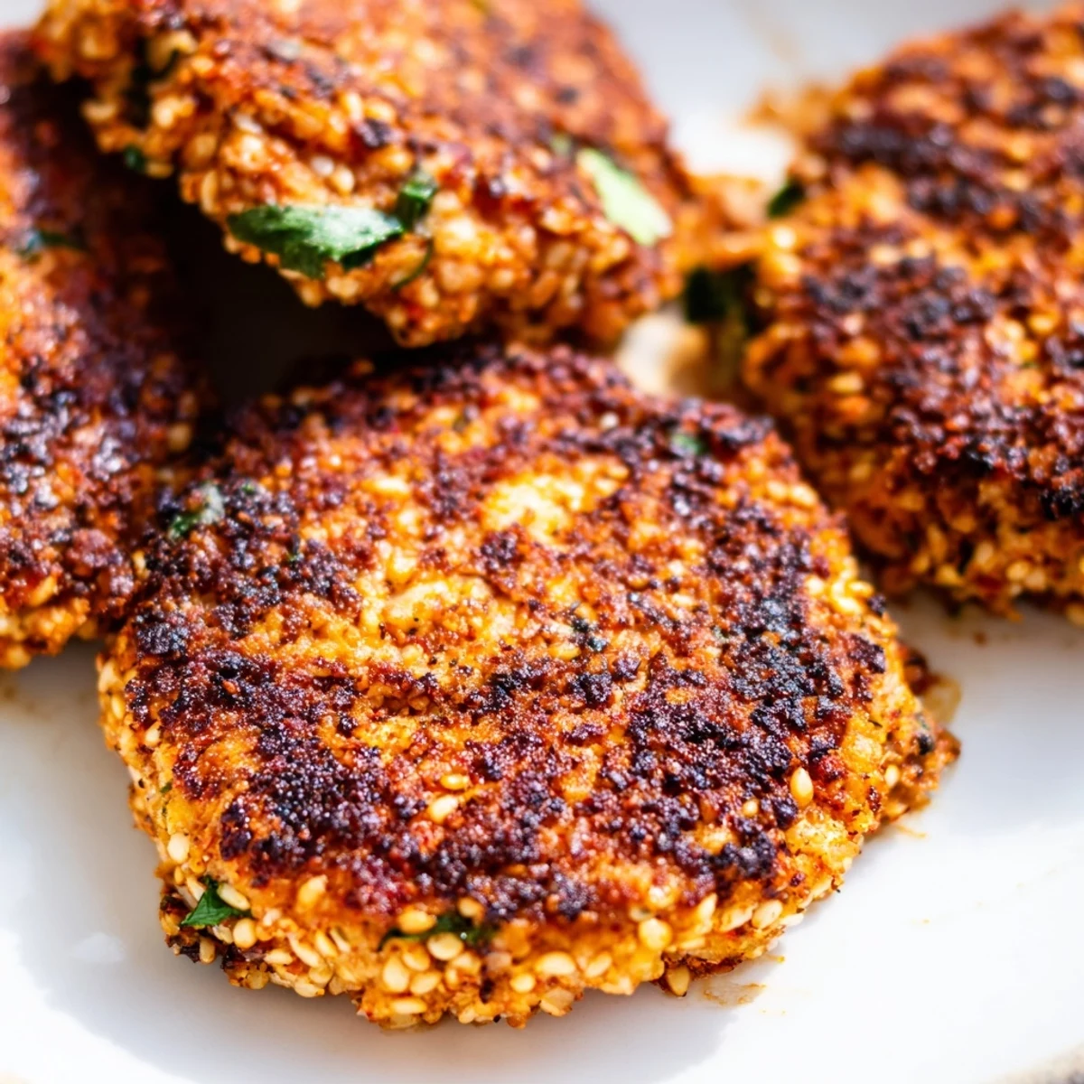 Crispy golden harissa sesame salmon patties sizzling in a skillet with sesame seed garnish