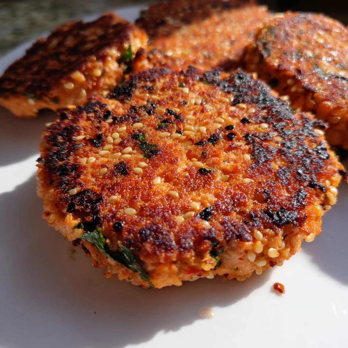 Spicy harissa sesame salmon patties plated with fresh cilantro and bright lemon wedges