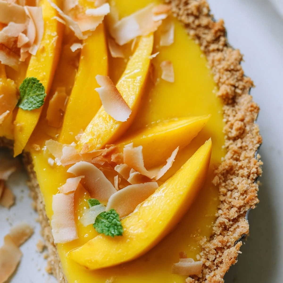Golden mango curd tart topped with fresh mango slices and toasted coconut flakes