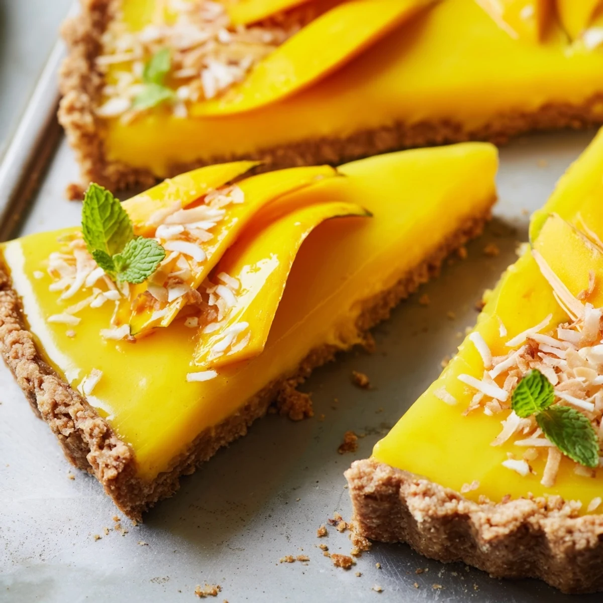 Silky mango curd tart filling in a buttery crisp crust ready to slice
