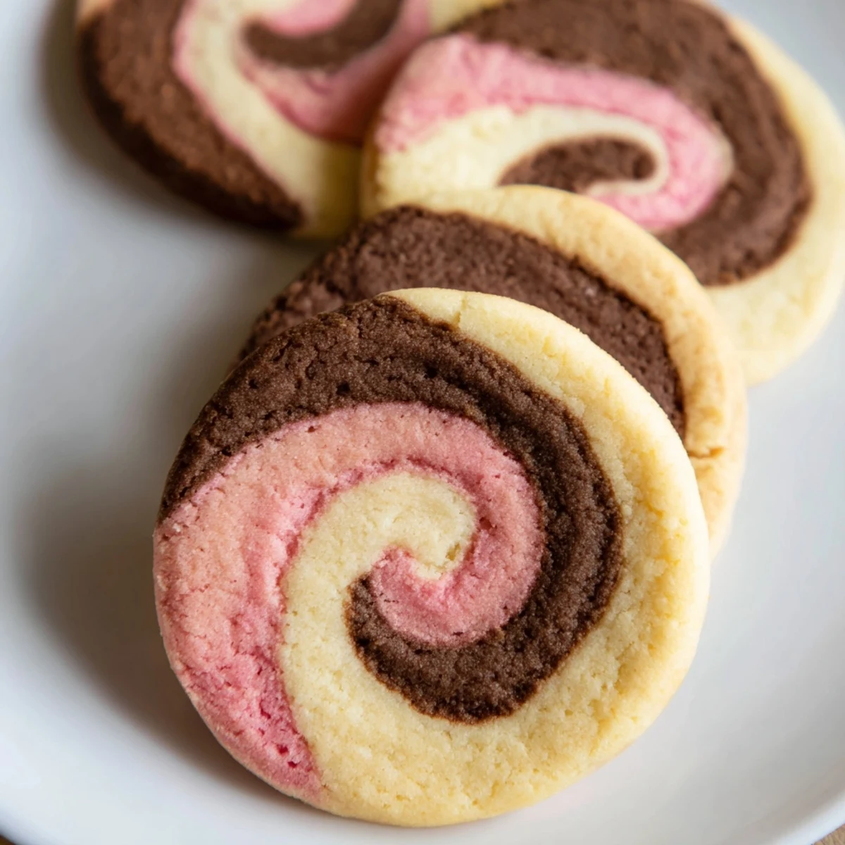 Neapolitan Swirl Cookies with pink, brown, and cream spirals arranged on a rustic baking sheet
