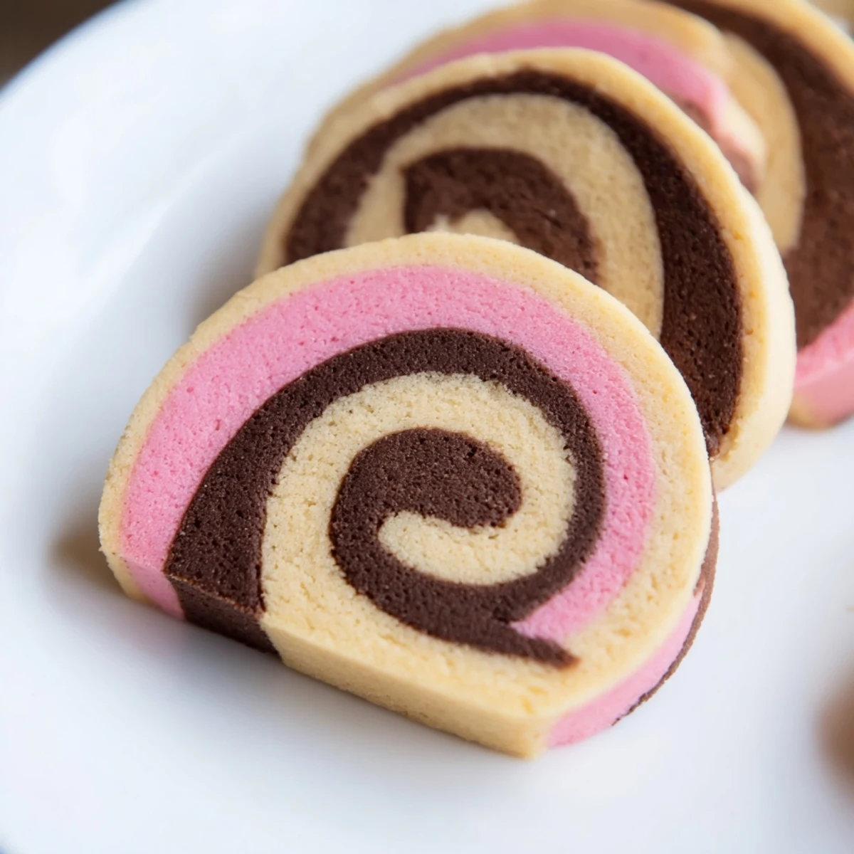 Soft Neapolitan Swirl Cookies showing tri-colored pinwheel designs dusted with powdered sugar