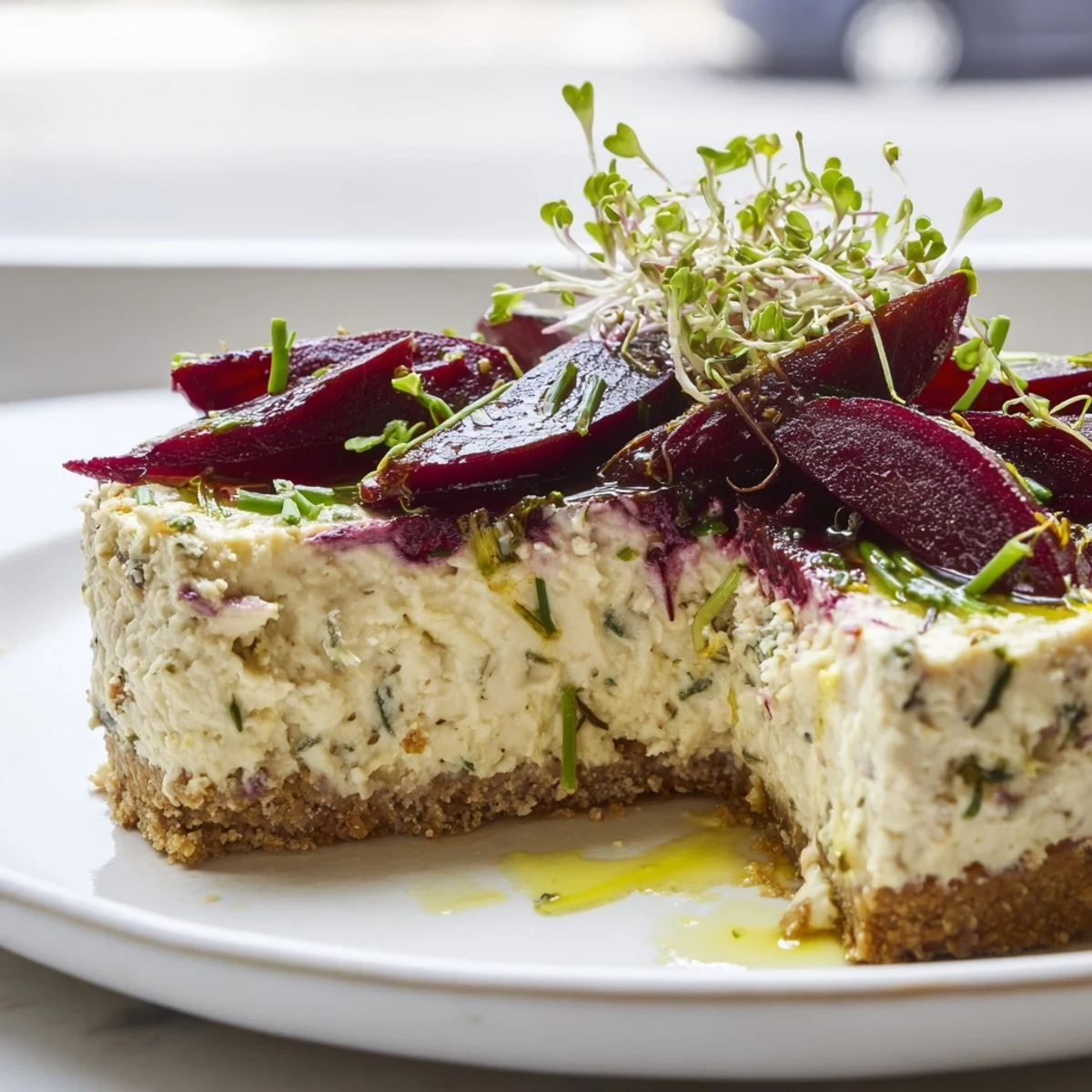 Creamy savoury cheesecake topped with caramelized roasted beetroot and fresh herbs