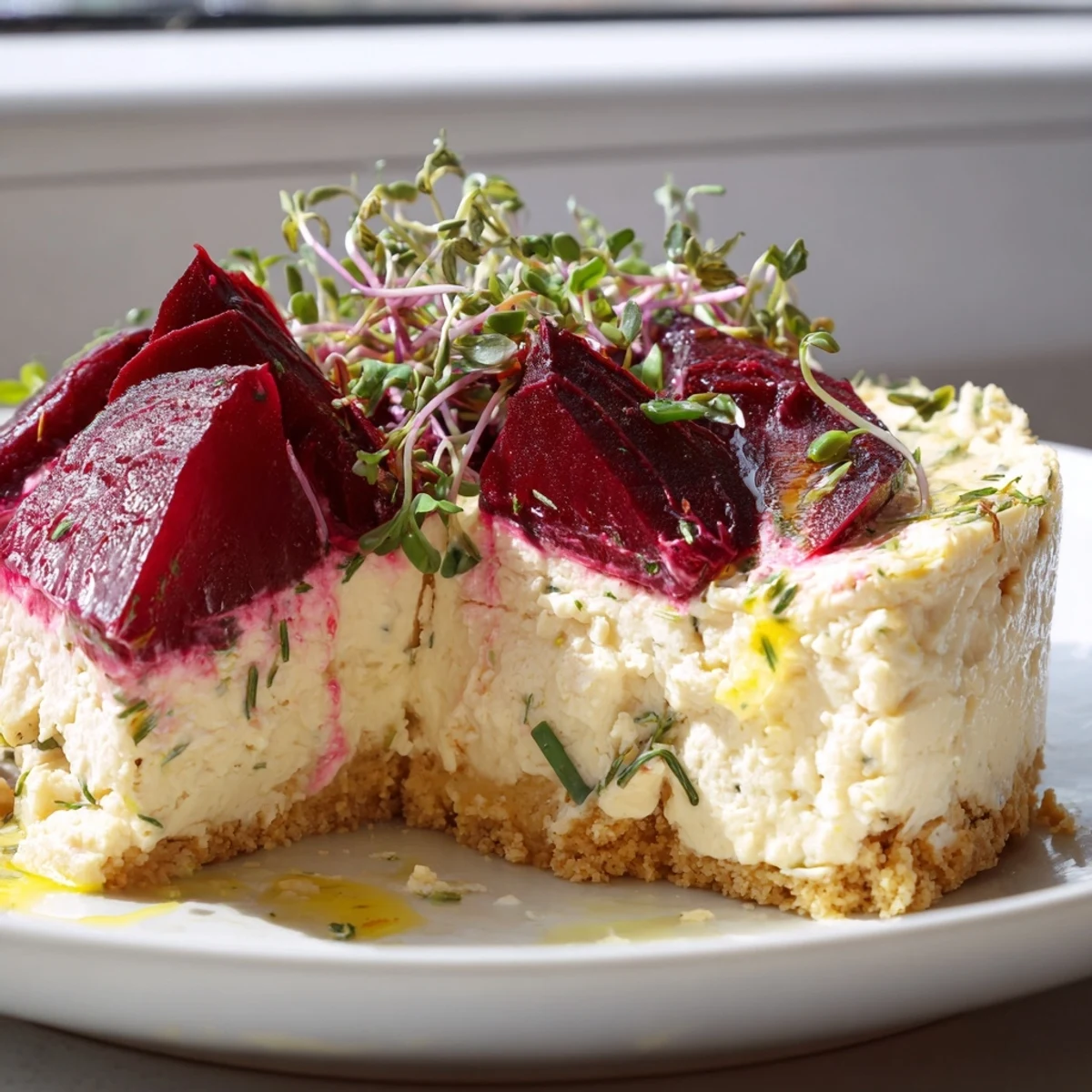 Savoury cheesecake sliced on a rustic plate with jewel-toned beetroot wedges and microgreens