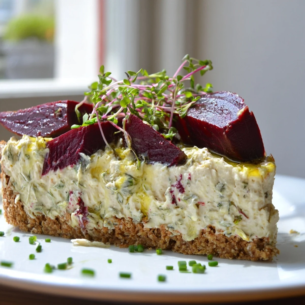 Golden-crusted savoury cheesecake crowned with sweet balsamic roasted beetroot and a herb drizzle