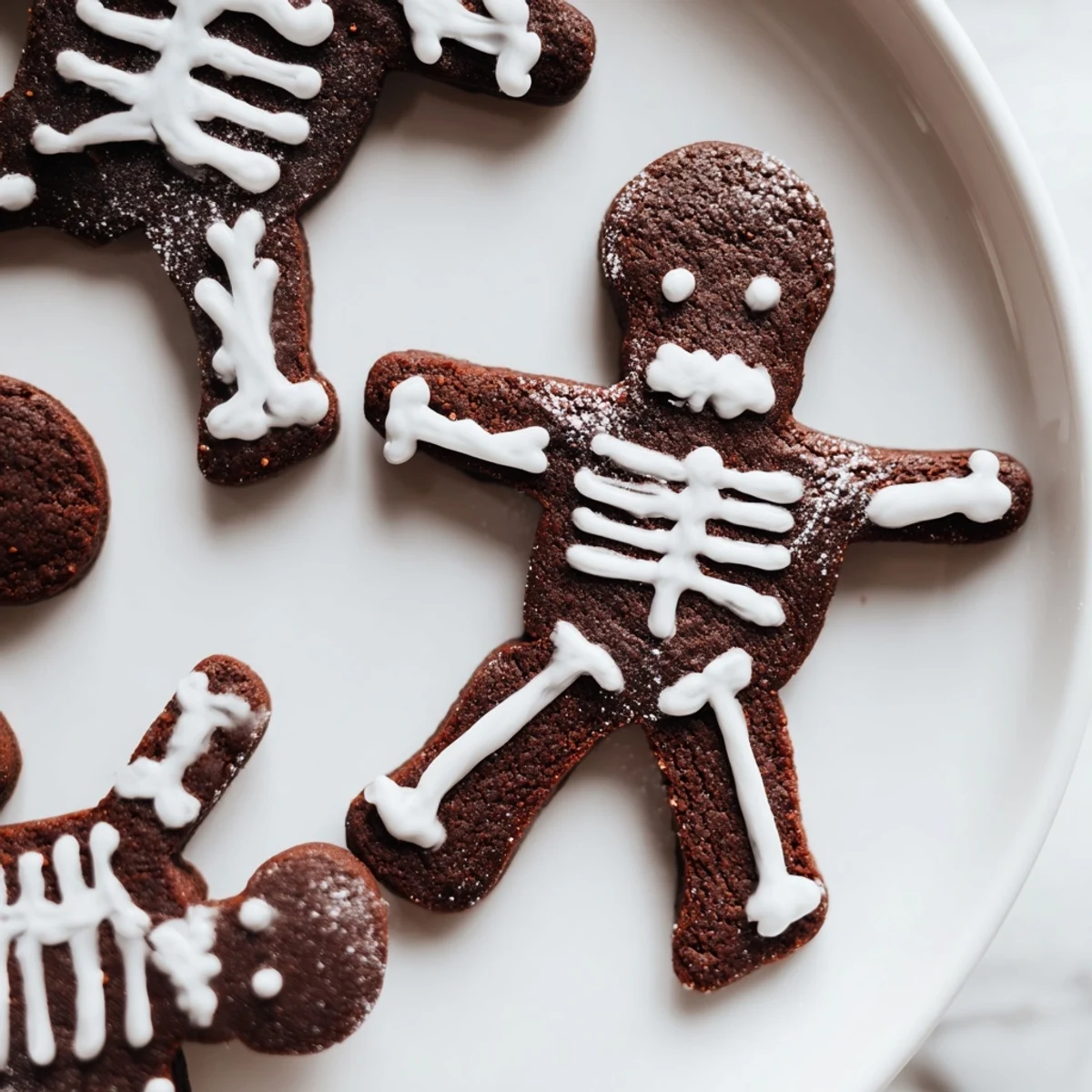 Chocolate Cinnamon Skeleton Cookies with white icing bones on a parchment-lined baking sheet