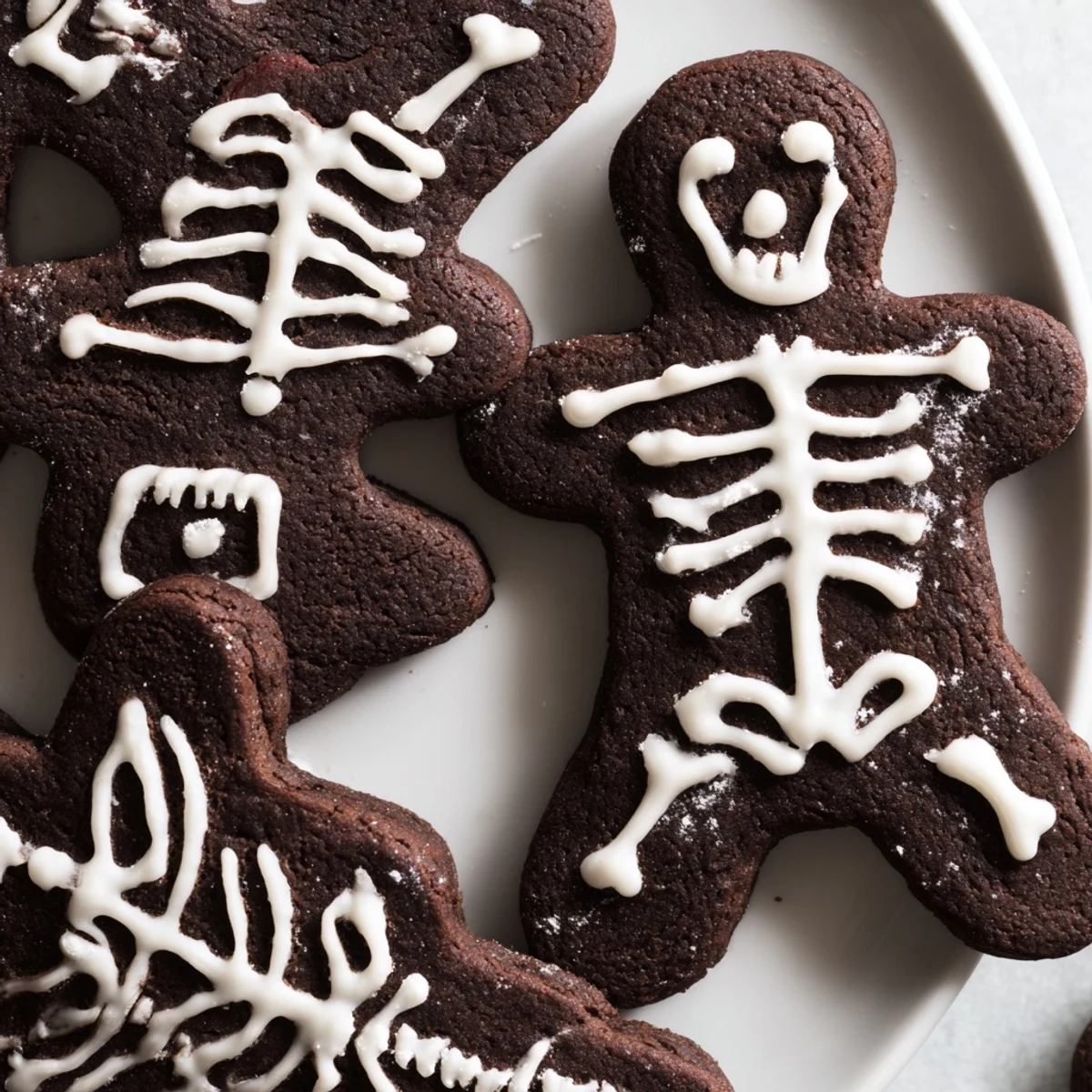 Dark chocolate Cinnamon Skeleton Cookies decorated with intricate icing faces stacked on a plate