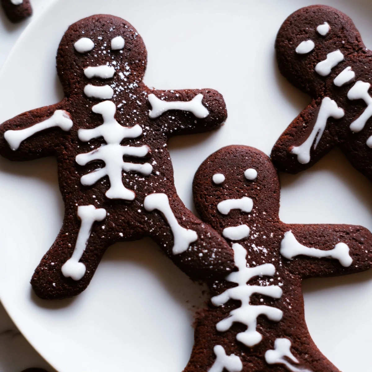 Warm Chocolate Cinnamon Skeleton Cookies cooling on a wire rack with royal icing details