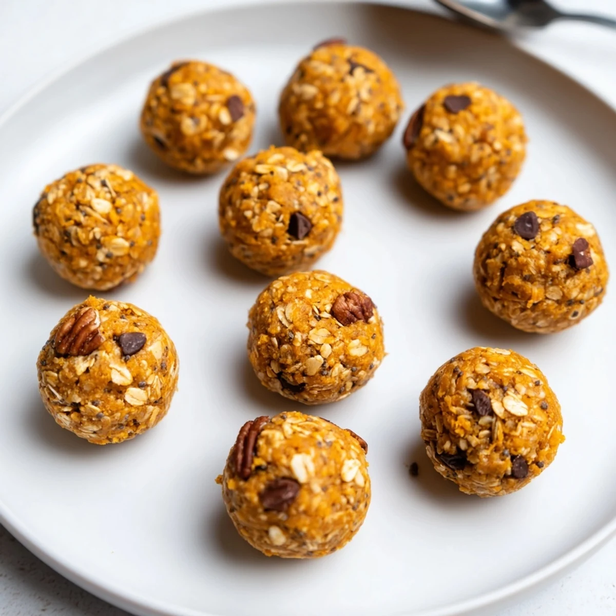 Golden no bake pumpkin protein balls dusted with cinnamon on a rustic parchment-lined tray