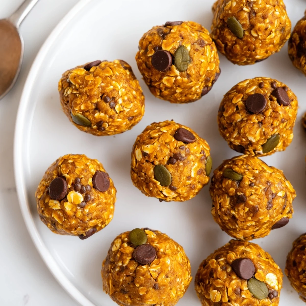 Chewy no bake pumpkin protein balls stacked in a bowl beside warm autumn spices