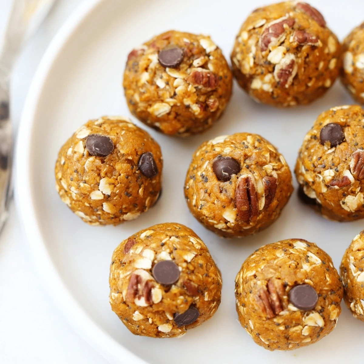 Plump no bake pumpkin protein balls arranged on a plate with a drizzle of maple syrup