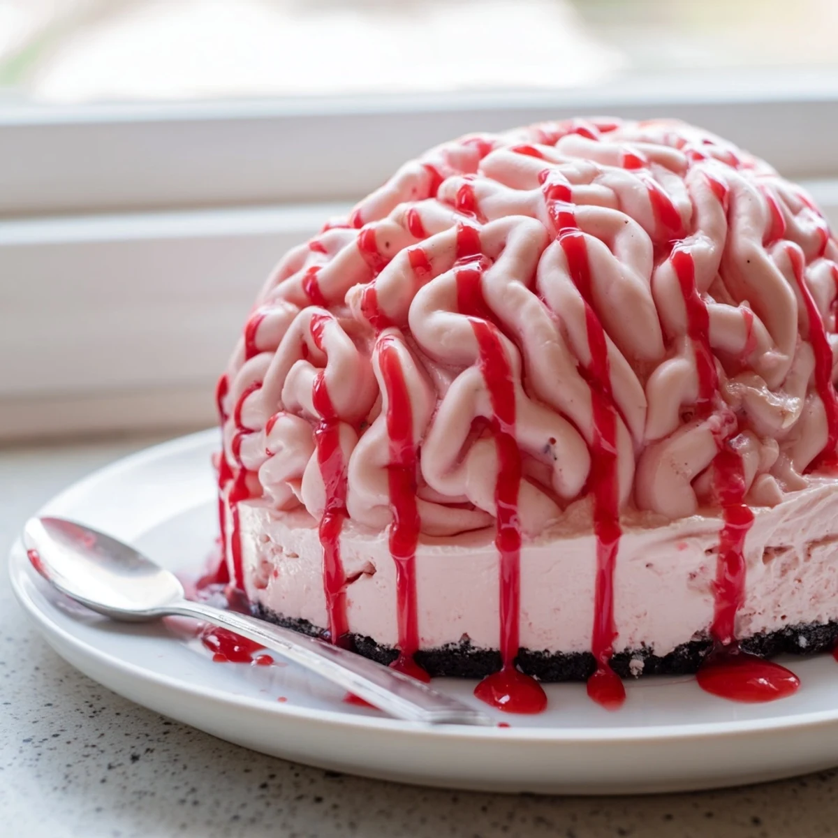Creepy No Bake Strawberry Cheesecake Brain with gooey red coulis drizzled over pink fondant folds on a dark plate