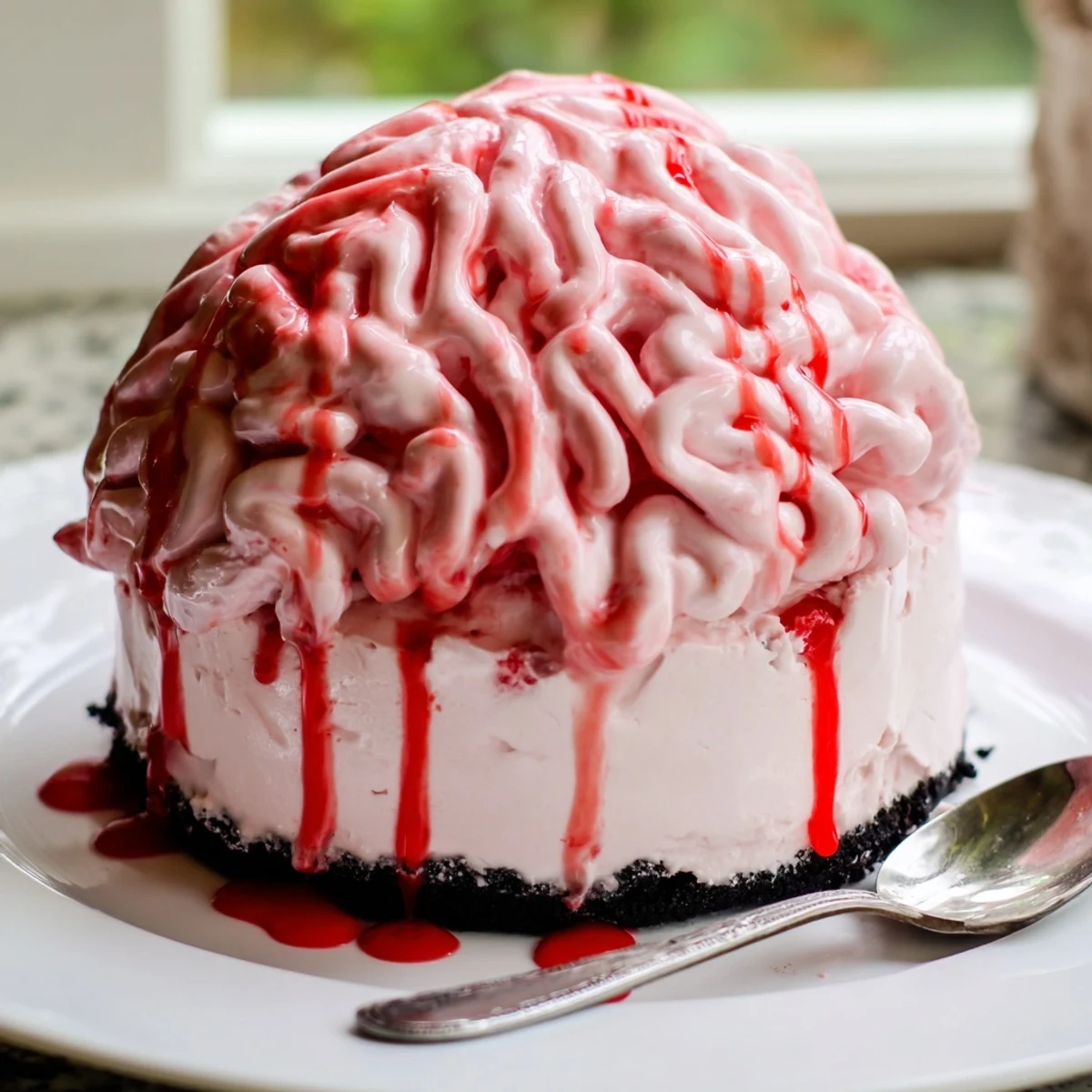 No Bake Strawberry Cheesecake Brain sliced open revealing creamy strawberry filling and a buttery graham cracker crust