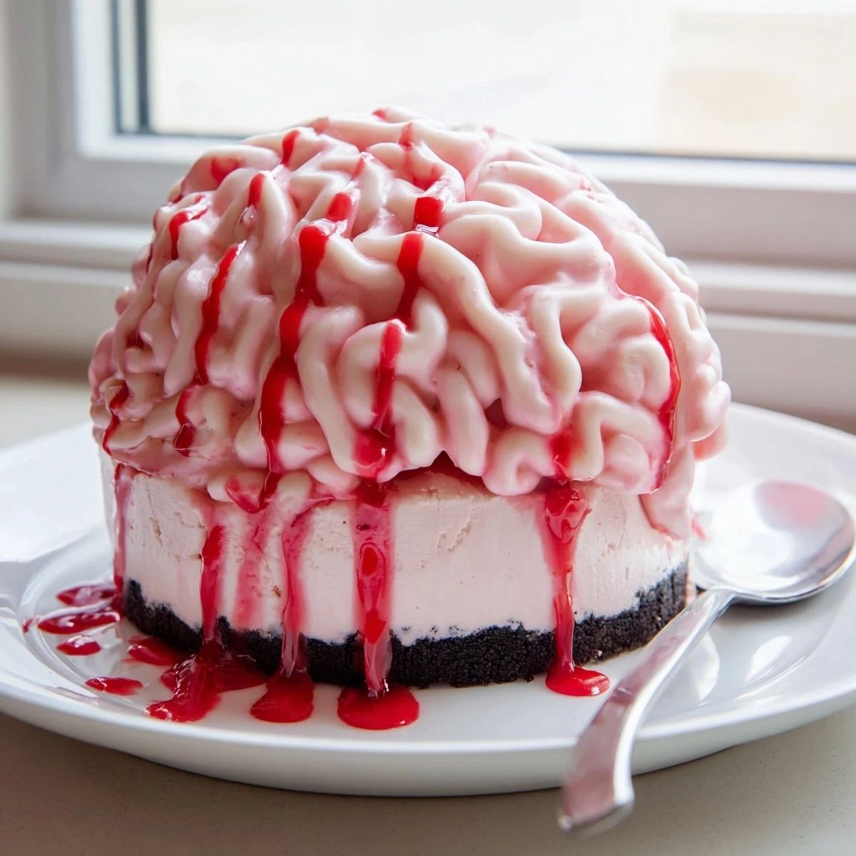 No Bake Strawberry Cheesecake Brain decorated with swirly white chocolate brain folds atop a vibrant strawberry dessert