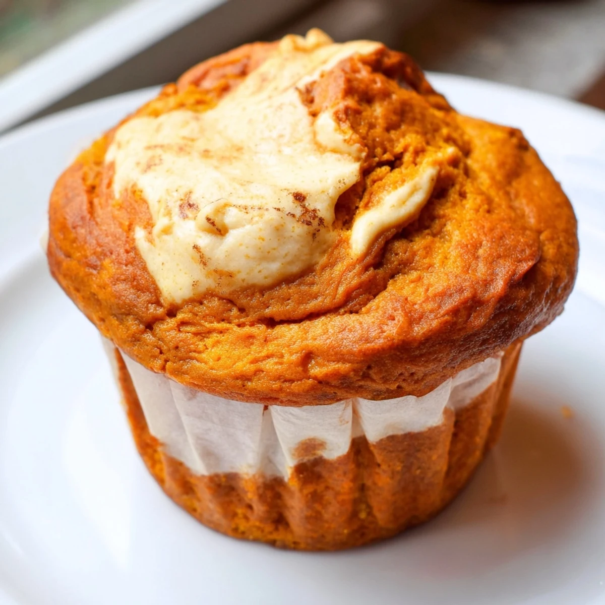 Golden chai pumpkin cheesecake muffins with swirled spice filling fresh from the oven