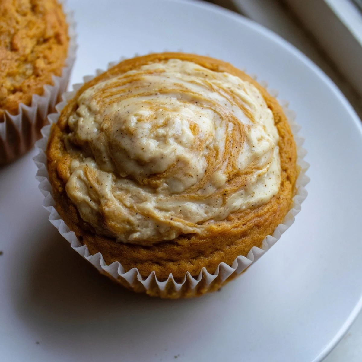 Moist chai pumpkin cheesecake muffins topped with creamy cinnamon cardamom cheesecake swirls