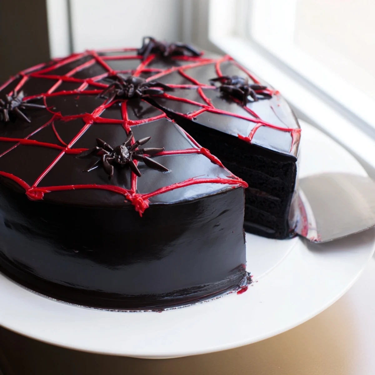 Dark chocolate Hidden Horror Black Widow Cake with glossy ganache and creepy spider decorations