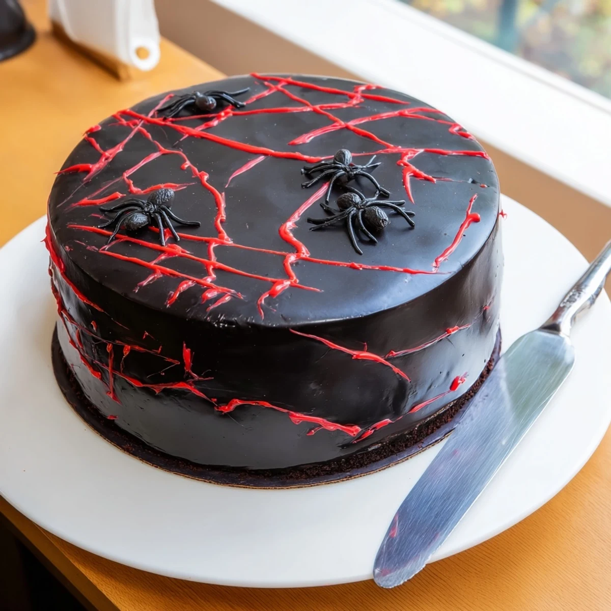 Hidden Horror Black Widow Cake sliced open revealing vibrant red cherry compote center