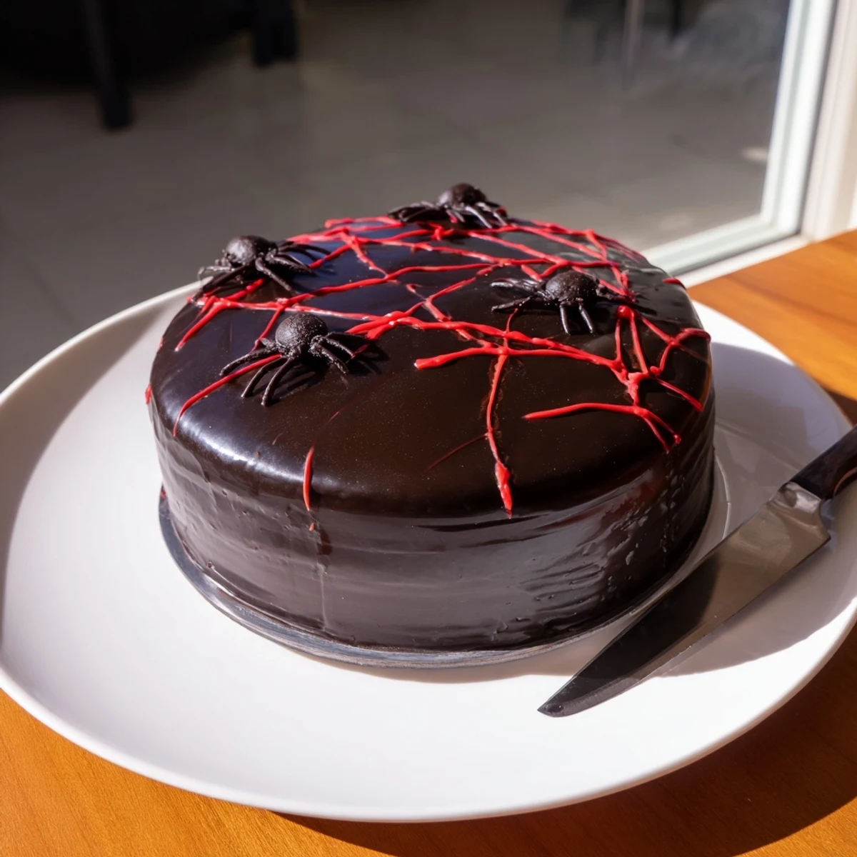 Moist black cocoa Hidden Horror Black Widow Cake dripping with dark ganache frosting