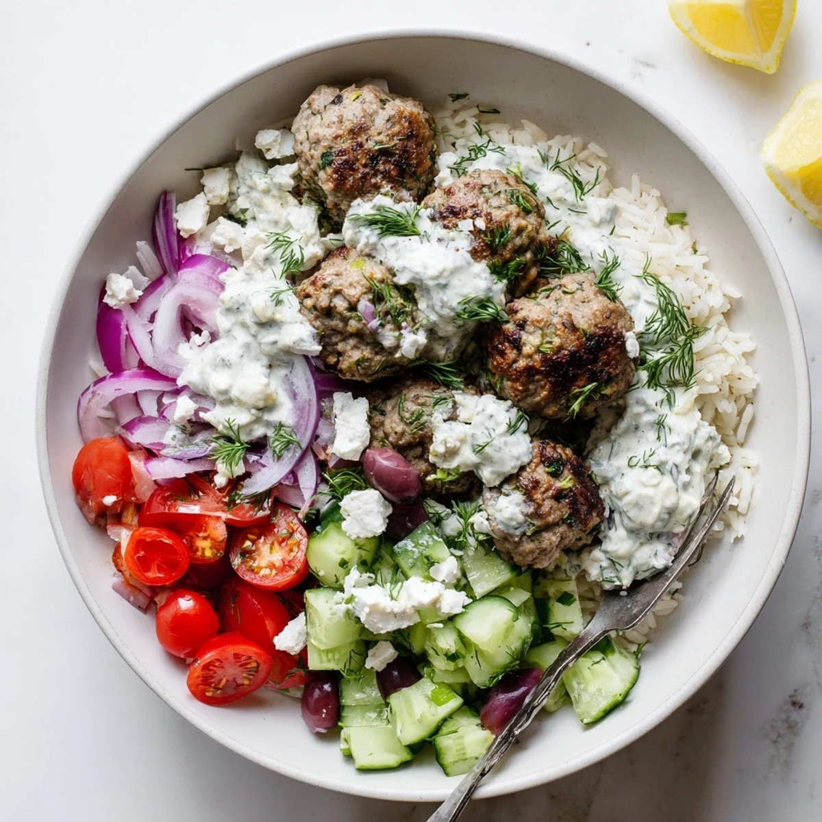 Golden brown Greek meatball bowl topped with crumbled feta and olives