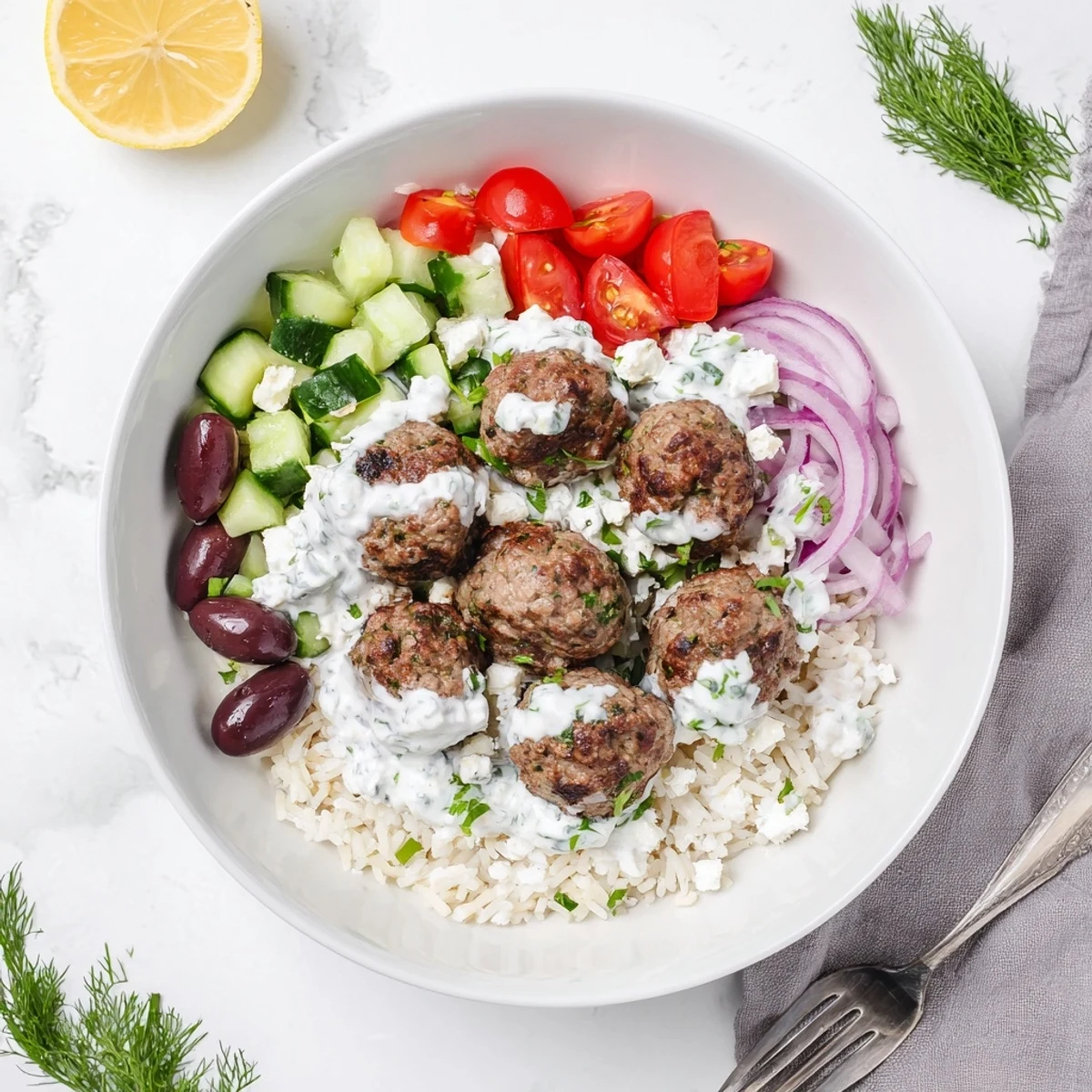 Juicy Greek meatball bowl drizzled with creamy tzatziki over fluffy rice