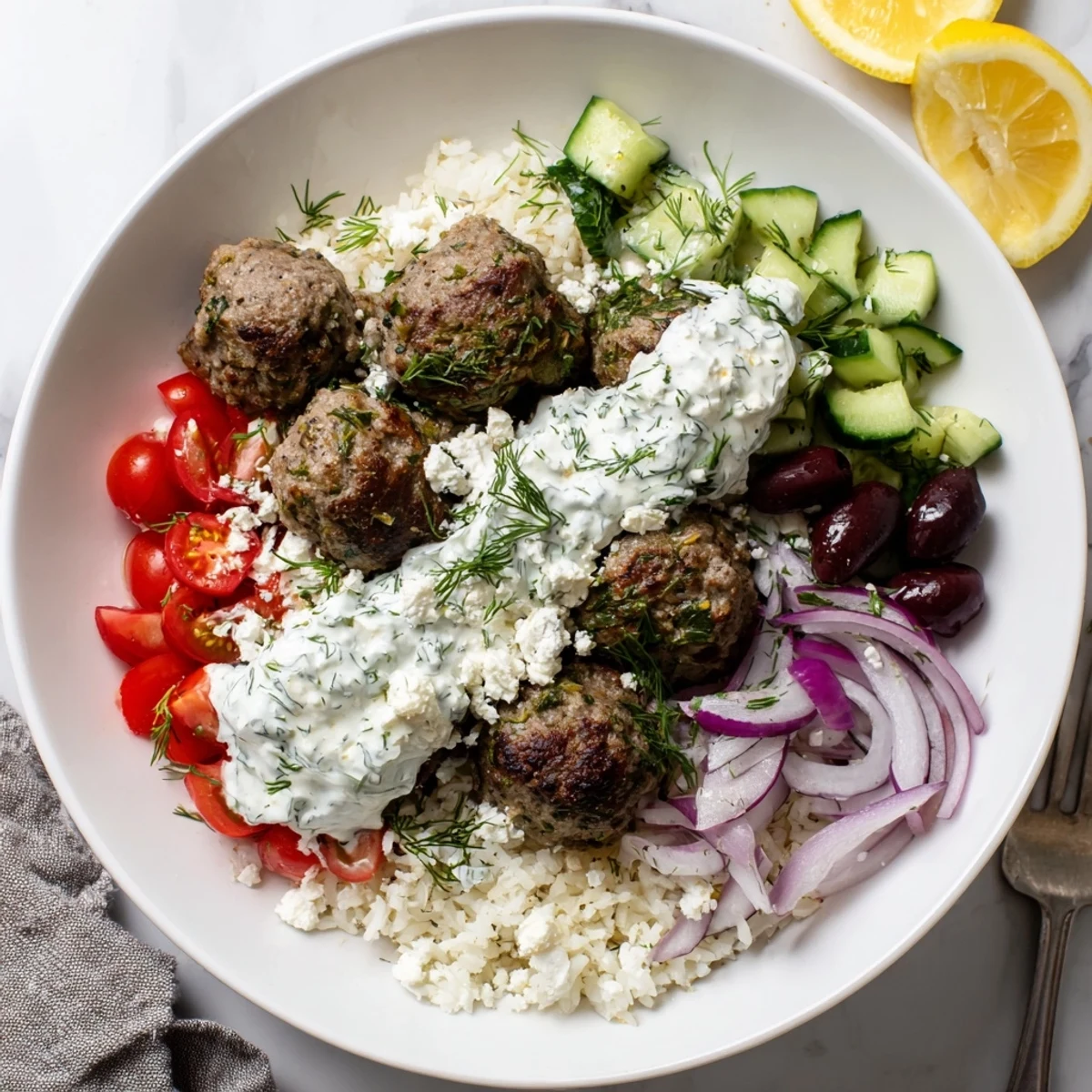 A vibrant Greek meatball bowl served with cherry tomatoes and lemon wedges