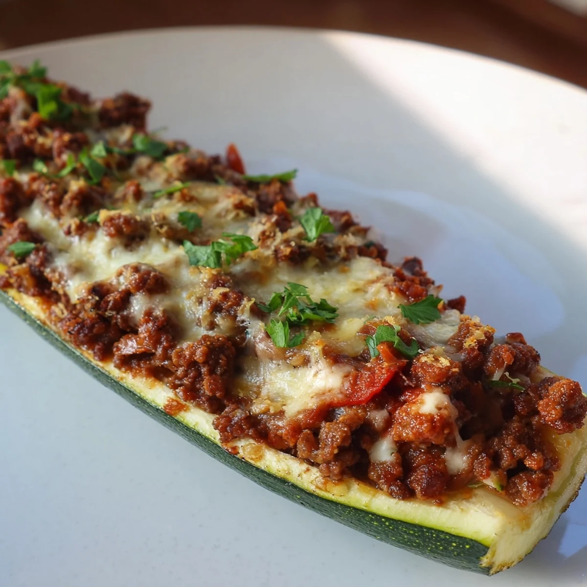 Savory ground beef stuffed zucchini boats garnished with fresh parsley