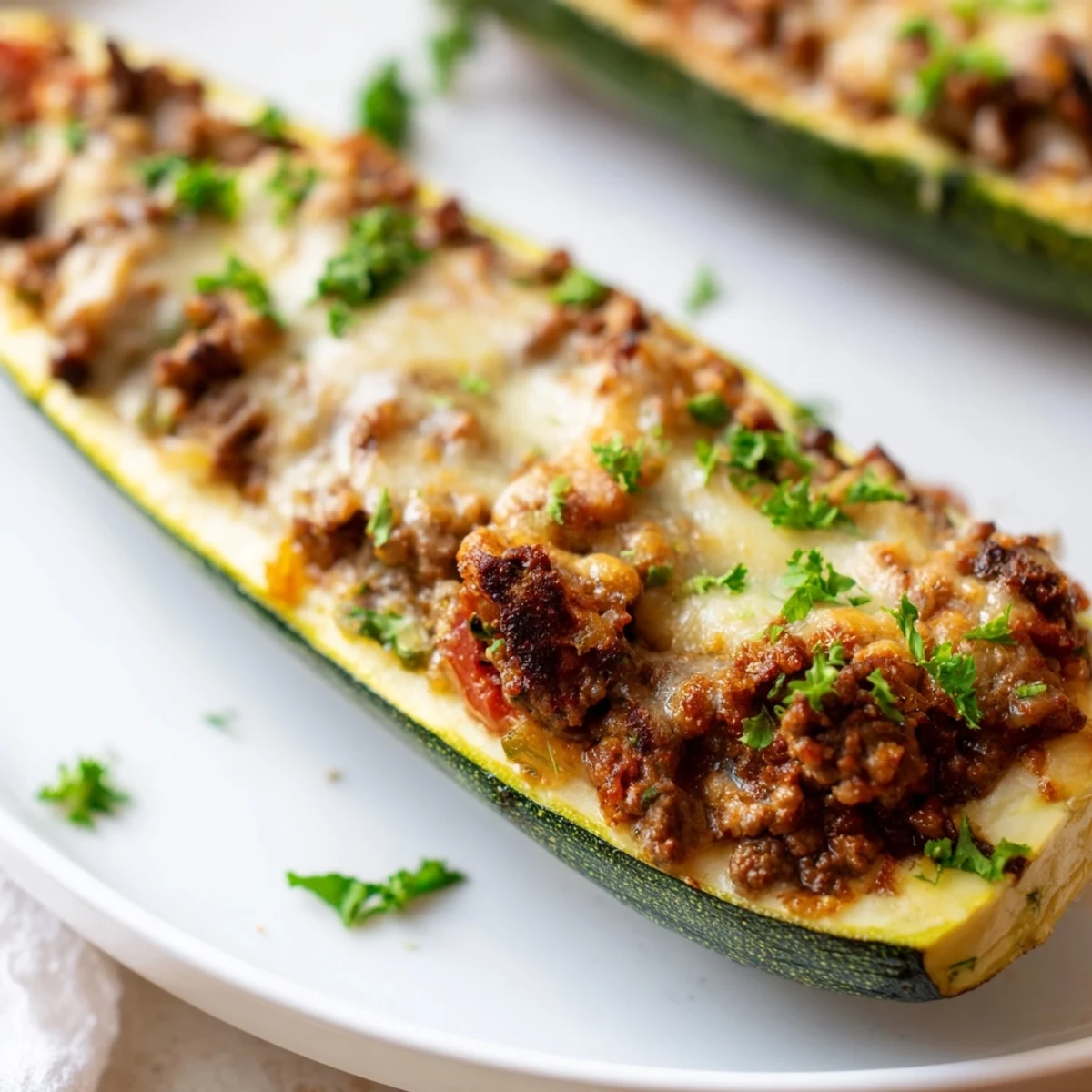 Golden baked stuffed zucchini boats with ground beef and melted mozzarella