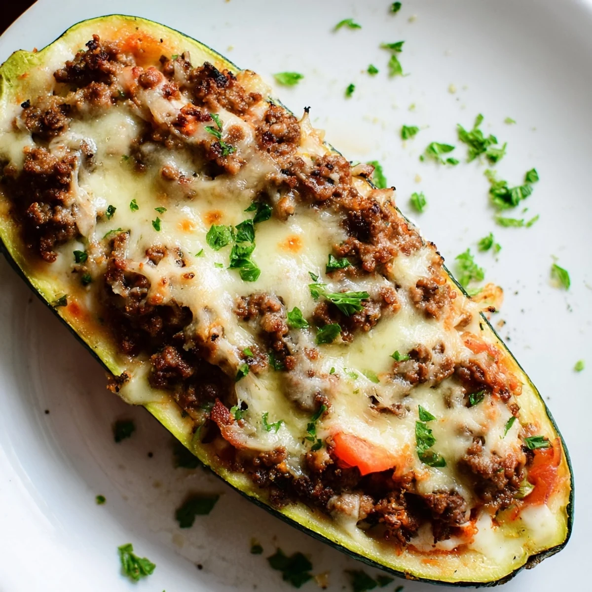 Cheesy stuffed zucchini boats with ground beef served on a white plate